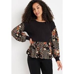 Maurice's Med Floral Print‎ Peplum Top Long Sleeve Blouse Black Boho Bohemian